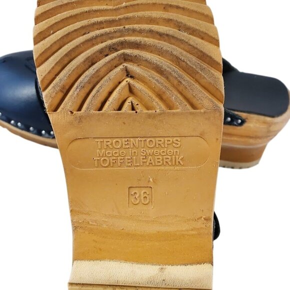 Troentorp Swedish Leather Clogs Navy Cut-Out Wood Sole Sandals Size 36 - Picture 8 of 11
